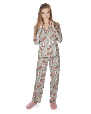 Women's Corgi Dog Notch Collar Cotton Blend Pant Pajama Set