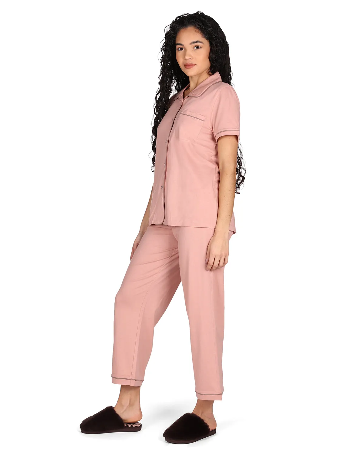 Women's Notch Collar Capri Cotton Blend Pajama Set