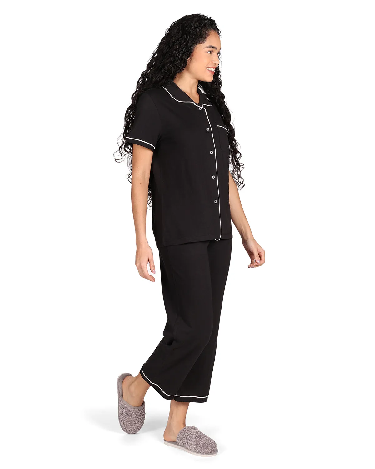 Women's Notch Collar Capri Cotton Blend Pajama Set