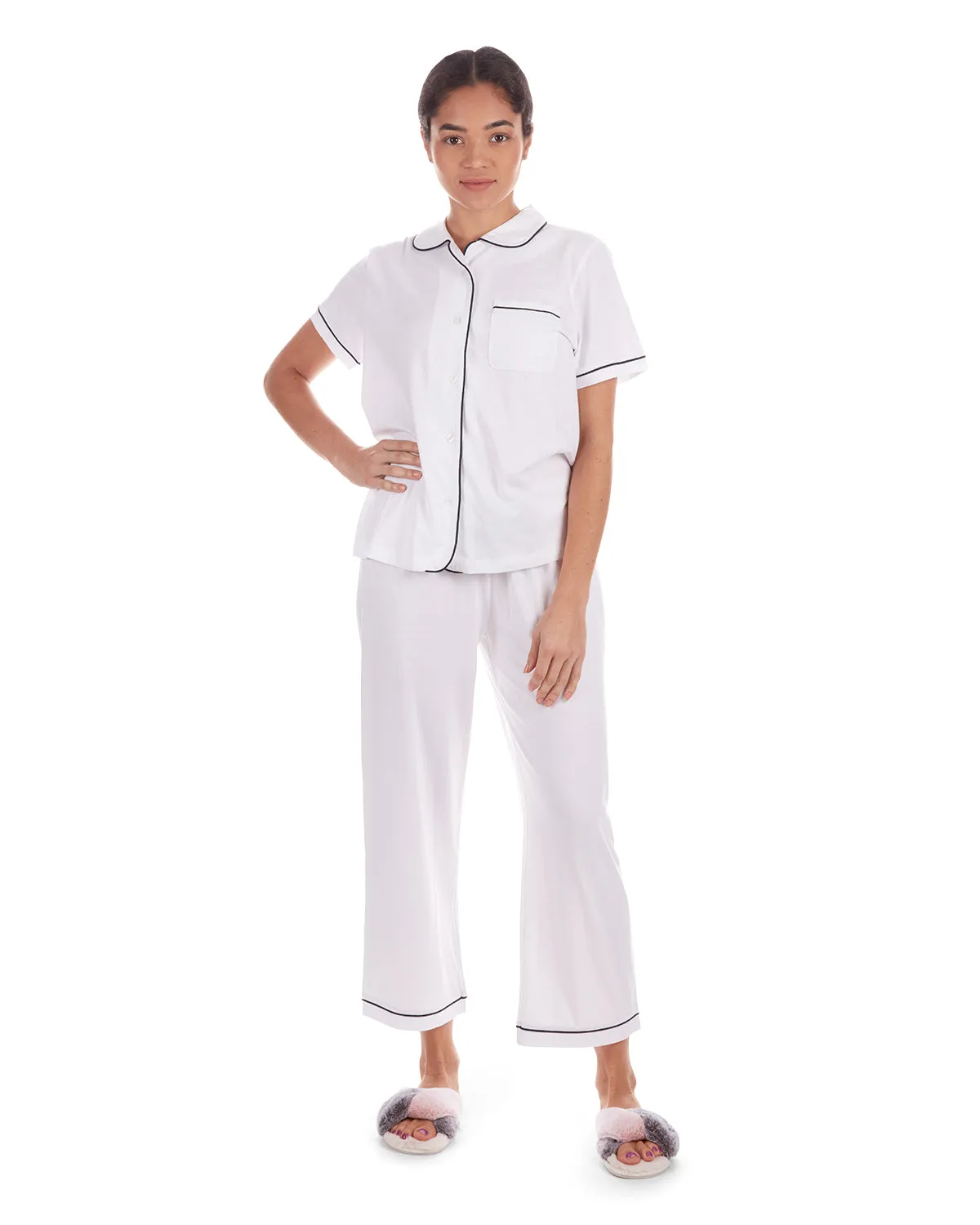 Women's Notch Collar Capri Cotton Blend Pajama Set