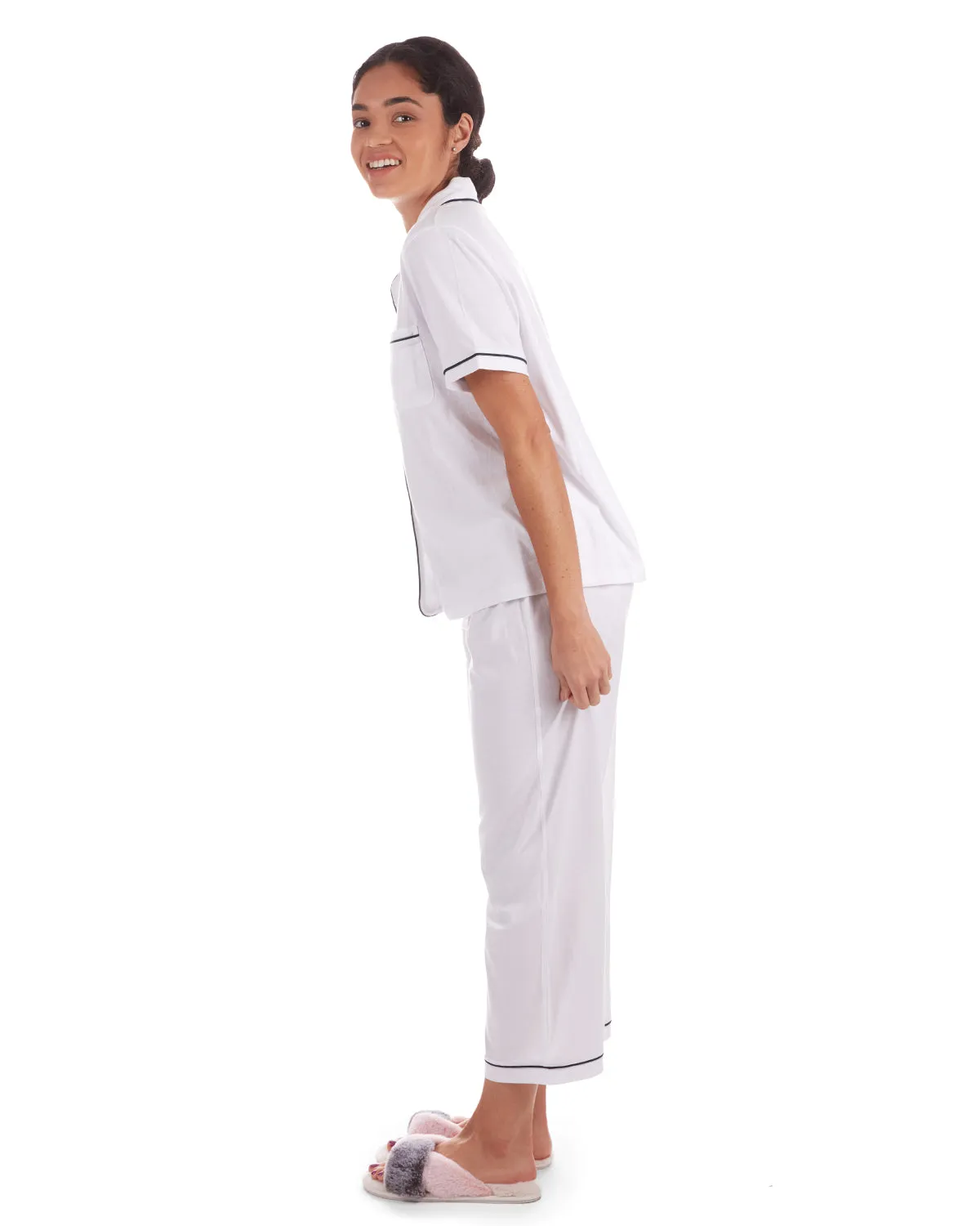 Women's Notch Collar Capri Cotton Blend Pajama Set