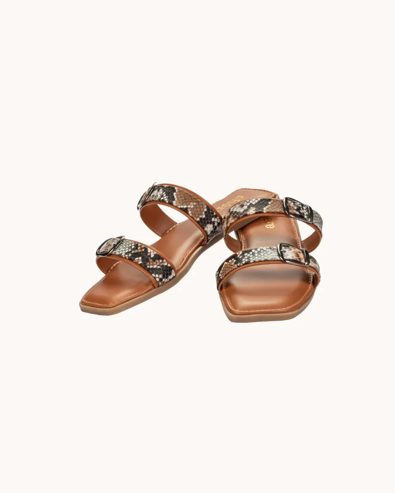 Women's Tan Casual Double Buckle Strap Flats