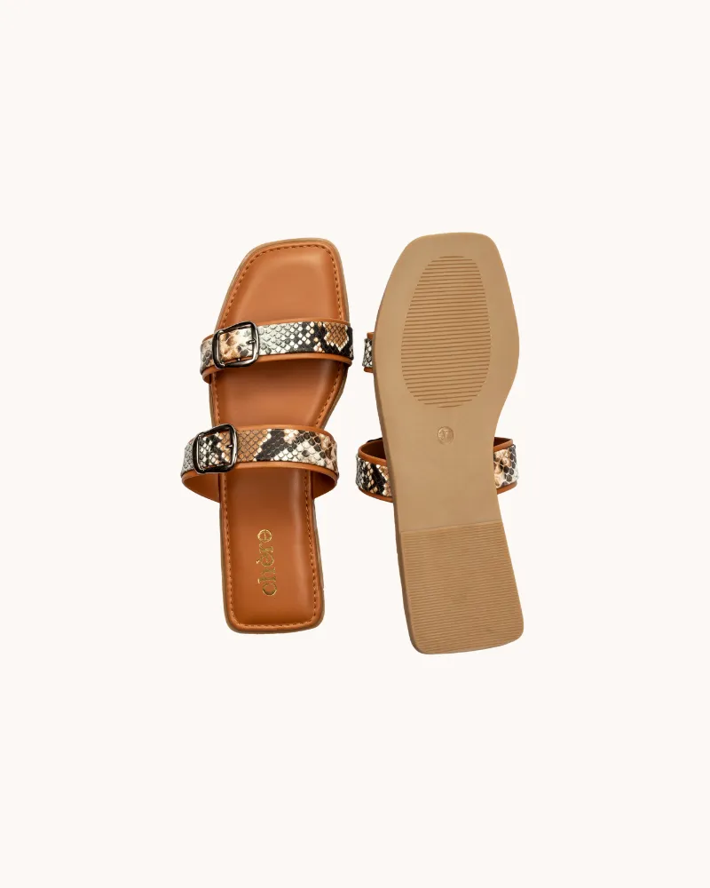 Women's Tan Casual Double Buckle Strap Flats