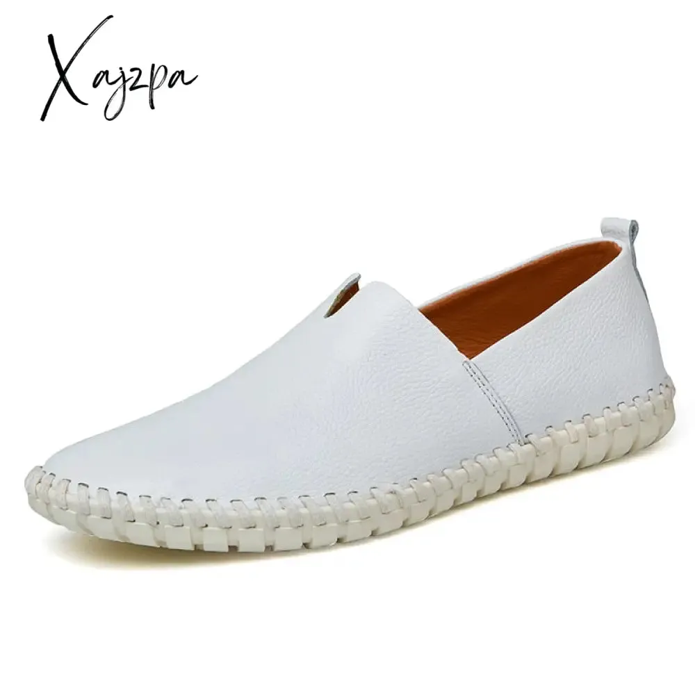 Xajzpa - Leather Men Shoes Casual Flats Men Shoes Breathable Loafers Genuine Leather Slip Moccasins Comfortable Checkered embossing