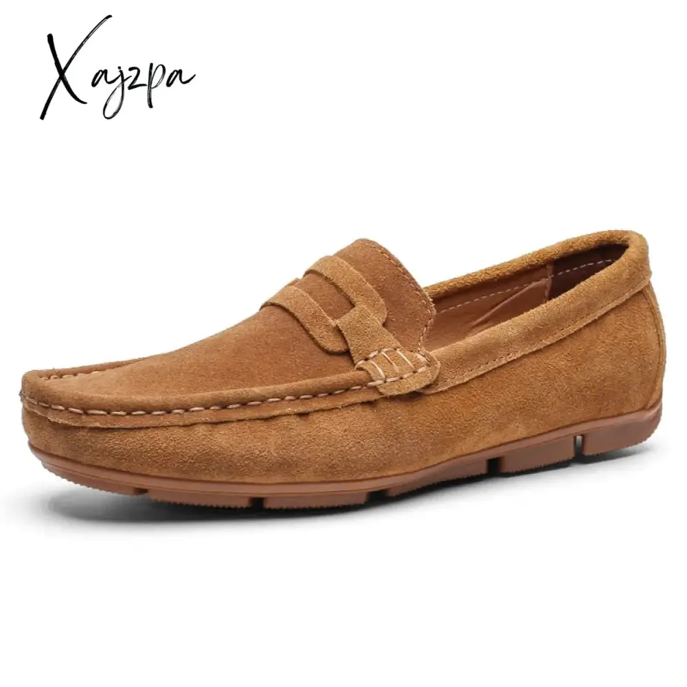 Xajzpa - Leather Men Shoes Casual Flats Men Shoes Breathable Loafers Genuine Leather Slip Moccasins Comfortable Checkered embossing