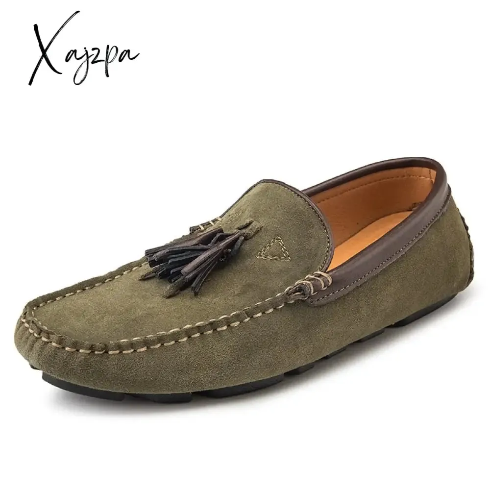 Xajzpa - Leather Men Shoes Casual Flats Men Shoes Breathable Loafers Genuine Leather Slip Moccasins Comfortable Checkered embossing