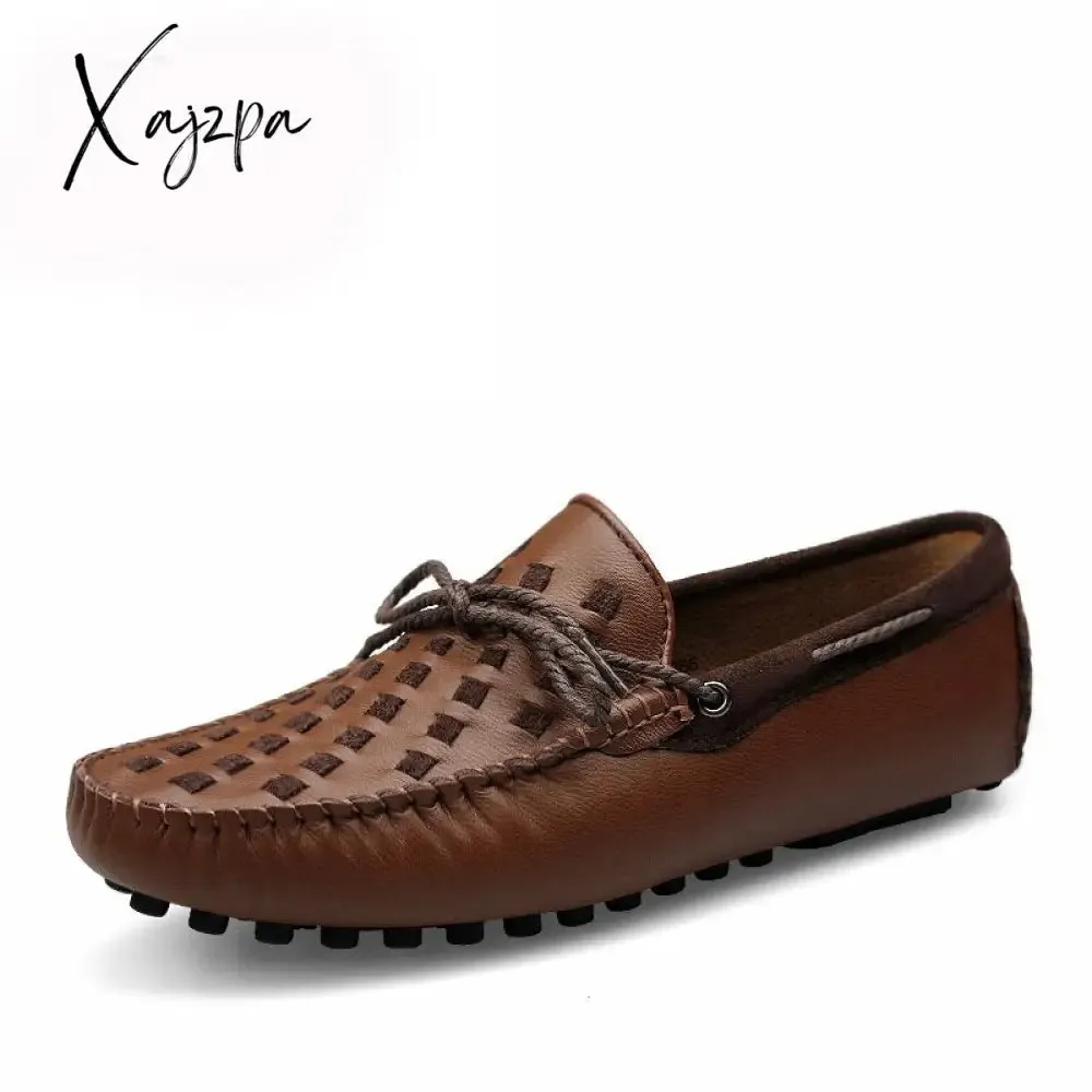 Xajzpa - Leather Men Shoes Casual Flats Men Shoes Breathable Loafers Genuine Leather Slip Moccasins Comfortable Checkered embossing