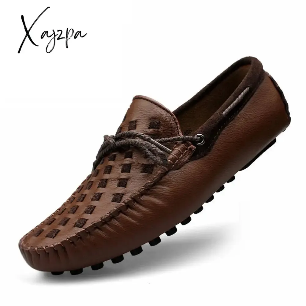 Xajzpa - Leather Men Shoes Casual Flats Men Shoes Breathable Loafers Genuine Leather Slip Moccasins Comfortable Checkered embossing