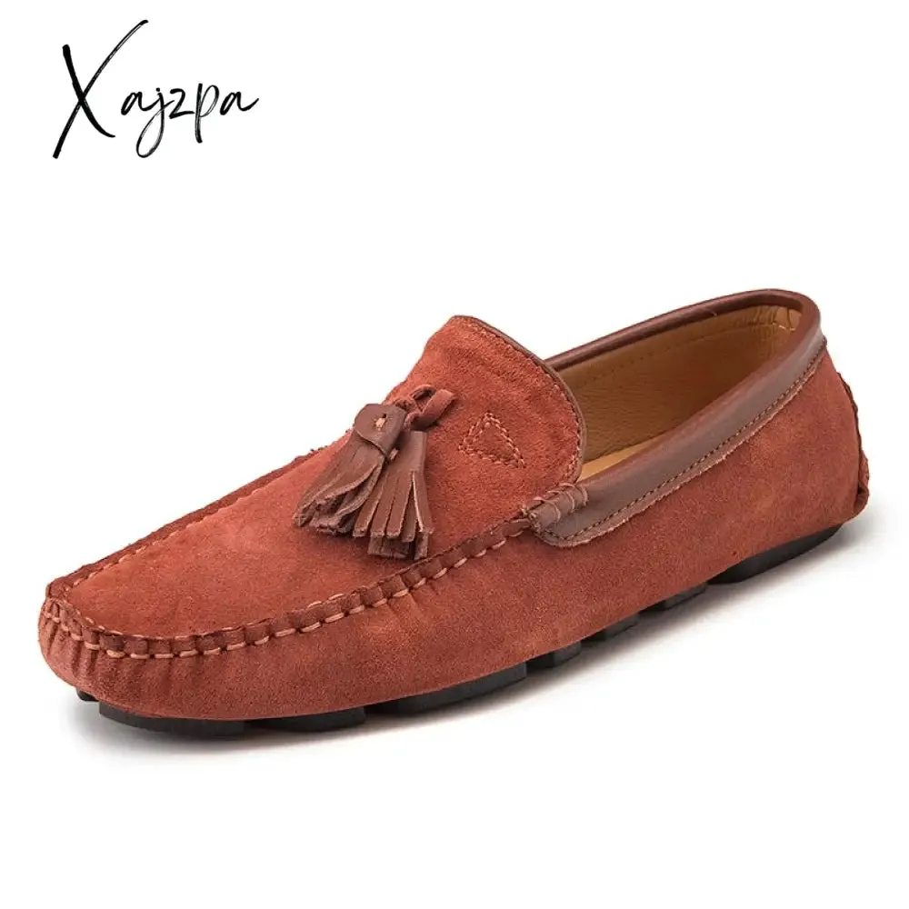 Xajzpa - Leather Men Shoes Casual Flats Men Shoes Breathable Loafers Genuine Leather Slip Moccasins Comfortable Checkered embossing