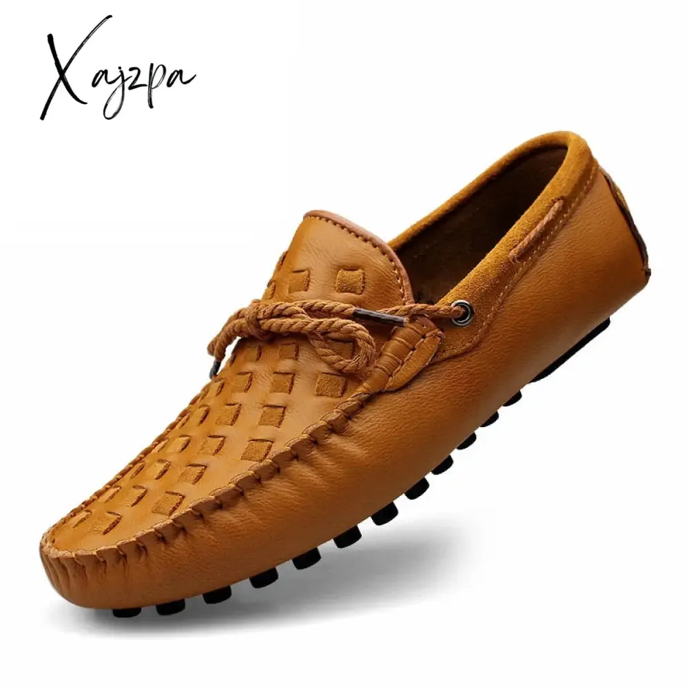 Xajzpa - Leather Men Shoes Casual Flats Men Shoes Breathable Loafers Genuine Leather Slip Moccasins Comfortable Checkered embossing