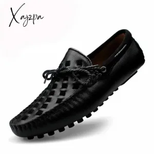 Xajzpa - Leather Men Shoes Casual Flats Men Shoes Breathable Loafers Genuine Leather Slip Moccasins Comfortable Checkered embossing